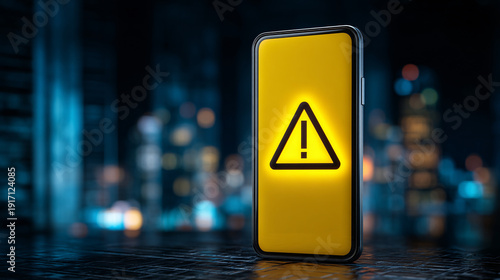 Smartphone with warning sign on illuminated city background.