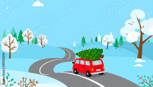 Red Car Delivering Christmas Tree