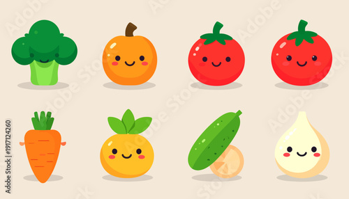 Cute Cartoon Vegetables with Smiling Faces