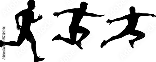Three black silhouettes of men in motion on a white background Keywords: man, silhouette, running, jumping, leaping, action
