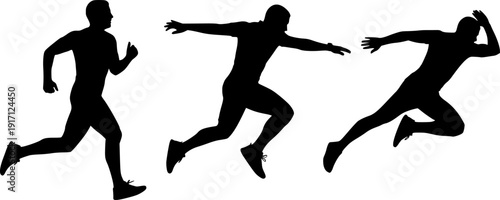Three black silhouettes of men in motion on a white background Keywords: man, silhouette, running, jumping, leaping, action
