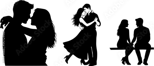 Silhouettes of three romantic couples in various poses of embrace on white background love
