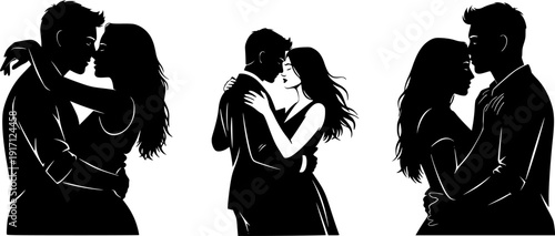 Silhouettes of three romantic couples in various poses of embrace on white background love
