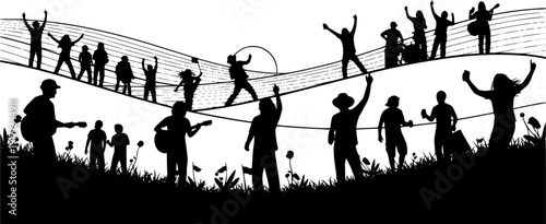Silhouettes of people celebrating on a hilly landscape illustration untitled
