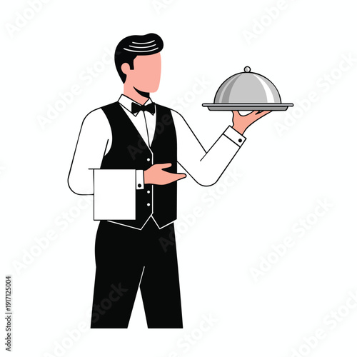 Professional Waiter Holding a Food Serving Platter in Elegant Uniform