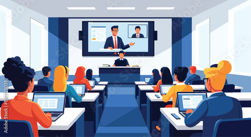 Students attend a hybrid lecture with an instructor presenting in person and a speaker on a large screen.