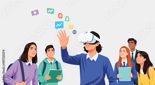 Students exploring virtual reality and digital learning in modern education.
