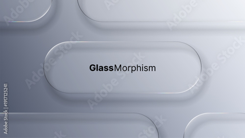 Gray liquid glass morphism background with text GlassMorphism. Modern abstract transparent style for UI app, web design, digital user interface.