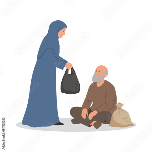 Muslim woman giving food donation to elderly homeless man illustration