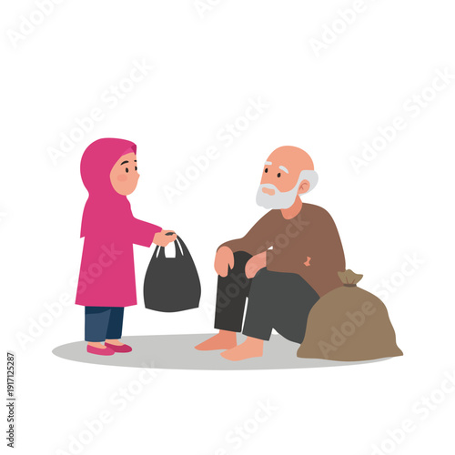 Young girl in hijab kindly giving food donation to elderly homeless man