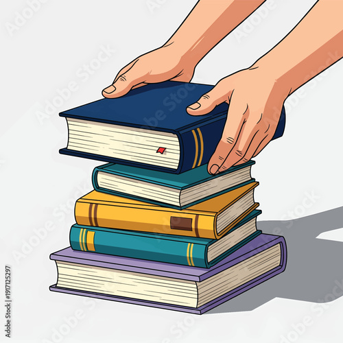 Hands stacking colorful books symbolizing learning and knowledge.