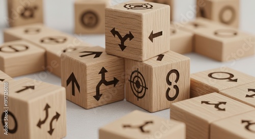 Wooden cubes representing strategic pathway icons placed precisely using shallow focus and faint softly blurred surroundings.