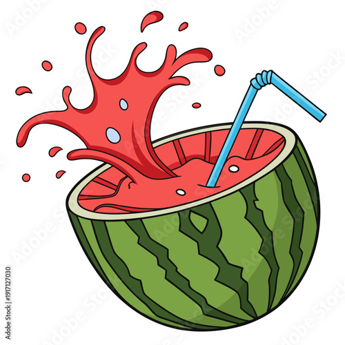 Juicy watermelon half with splashing juice and blue straw, vibrant summer refreshment cartoon illustration.