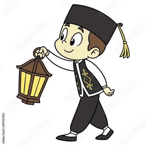 Cute cartoon boy in traditional attire holding Ramadan lantern, Islamic celebration character illustration.