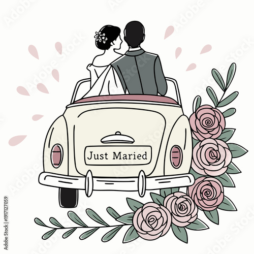 Newlywed couple in vintage convertible decorated with pink roses, just married getaway illustration.