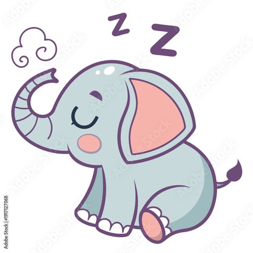 Cute cartoon baby elephant sleeping peacefully with cloud above trunk, sweet dreams illustration.
