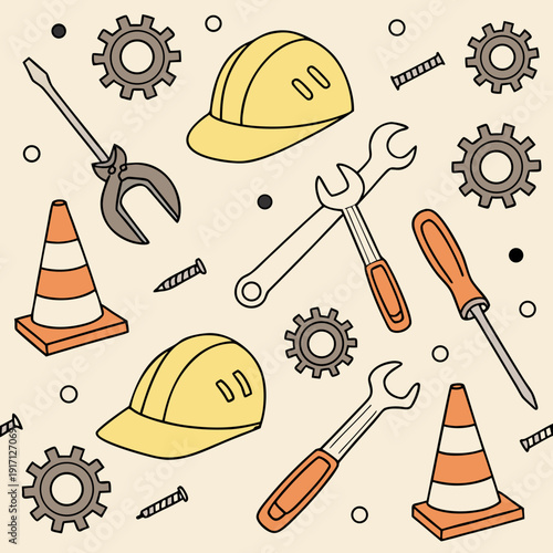 Seamless construction and repair pattern with safety helmets, wrenches, screwdrivers and gears, industrial doodle background.