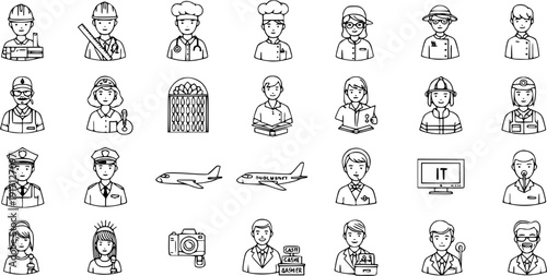 Professions Icons: Diverse Occupations in Outline Style