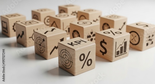 Wooden cubes showing KPI tracking symbols arranged carefully with precise focus and softly blurred white background.