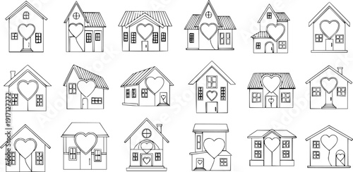 Line art collection of 21 diverse house icons with heart symbols, representing love, home, and real estate. Simple outline vector illustrations for family, community, and Valentine's Day.