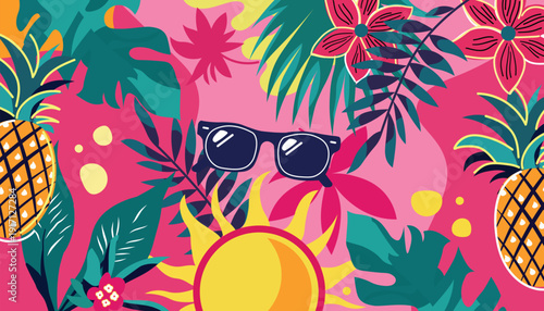 Colorful tropical summer background with sunglasses pineapples and exotic leaves on pink