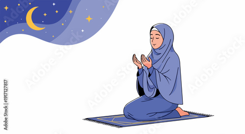 Illustration of a woman wearing a hijab and praying on a mat against a white background with a night sky.