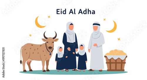 Flat illustration of a Muslim family celebrating Eid Al Adha with a cow and basket of bread on a white background.