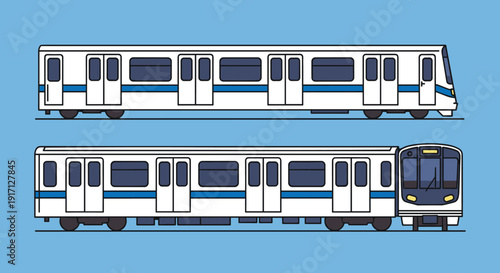 White Subway Trains with Blue Stripes.