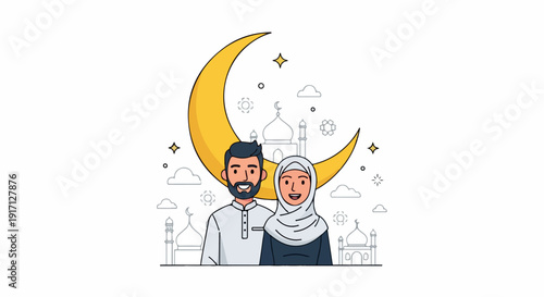 Illustration of a smiling Muslim couple standing together in front of a mosque and crescent moon with a festive and celebratory atmosphere.
