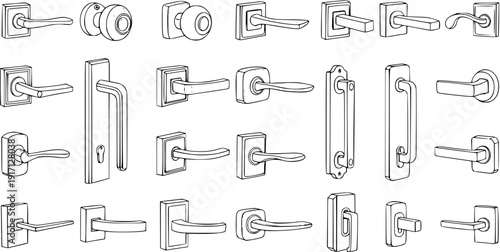 Vector outline illustration of a collection of various door handles, knobs, and levers. Set includes different types of door hardware, pull handles, and modern designs in sketch style.