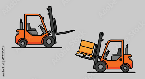 Orange Forklift Trucks with Lifted Forks Illustration.