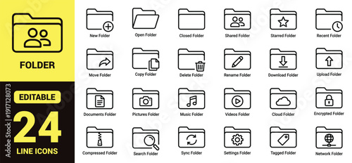 Folder icons set line style with file management and cloud storage symbols, open, search, secure, sync, archive, download and upload outline collection