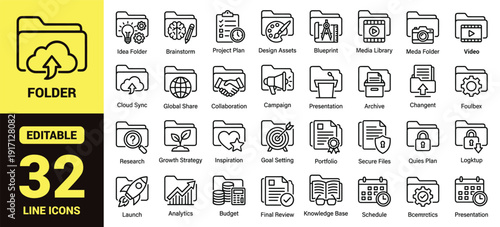 Business folder icons set line style with project management, cloud sync, collaboration, analytics, budget, secure files and presentation outline collection