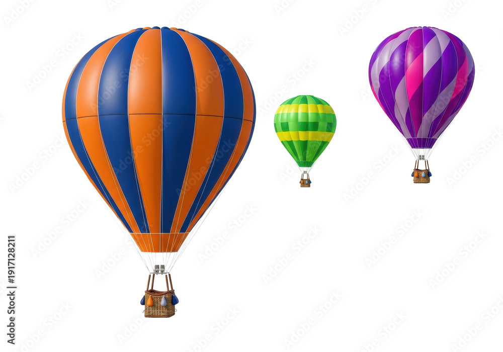 Fototapeta premium three photorealistic hot air balloons (blue, orange, green, yellow, purple stripes) with wicker gondolas on a seamless high-key white studio background. concept of exploration and adventure