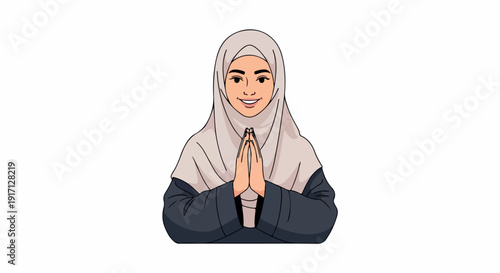 Illustration of a smiling woman wearing a hijab with her hands clasped together in front of her, set against a plain white background.