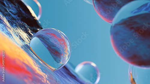 transparent glass spheres reflecting an abstract orange and blue landscape on a textured surface