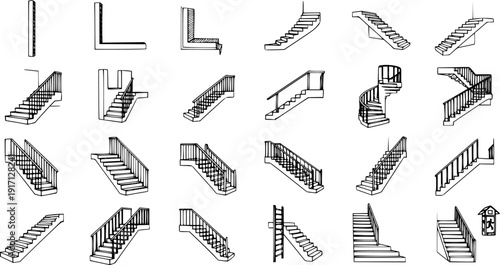 Detailed Hand-Drawn Sketches of Various Staircase Designs and Types, including Straight, L-Shape, U-Shape, Curved, and Spiral Stairs