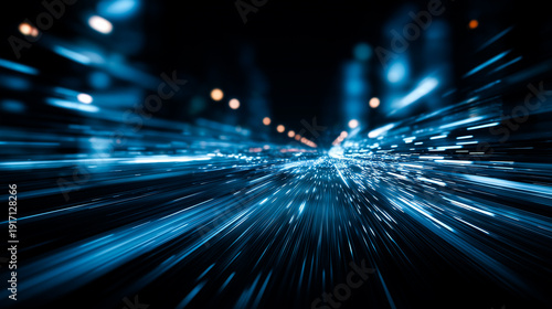 high speed data trails and light beams converging at a central horizon point