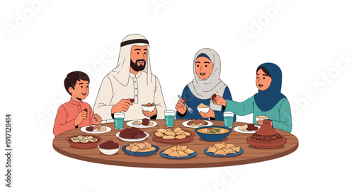 Illustration of a Muslim family sharing a meal together at a round wooden table with traditional food and drinks on a plain white background.