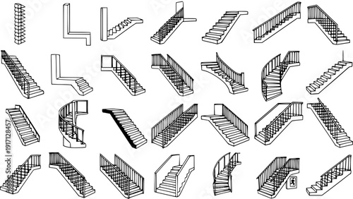 Line art collection of various staircase designs. Set includes straight, L-shaped, U-shaped, curved, and spiral stairs, ideal for architectural concepts.