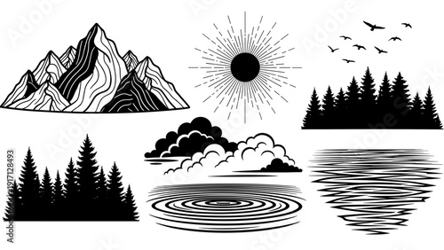 Black and white illustration of various natural elements including mountains, sun, birds, trees, clouds, and water