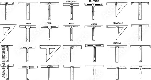 Collection of various drafting T-squares and set squares, illustrating fixed, adjustable, and sliding types, essential for technical drawing and architectural plans.