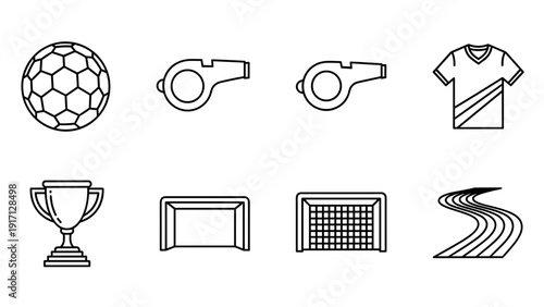 A set of soccer icons including ball, referee whistle, jersey, trophy, goalpost, and track