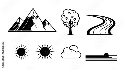 A set of various black and white icons on a pure including mountains, tree, road, sun, cloud, and sea