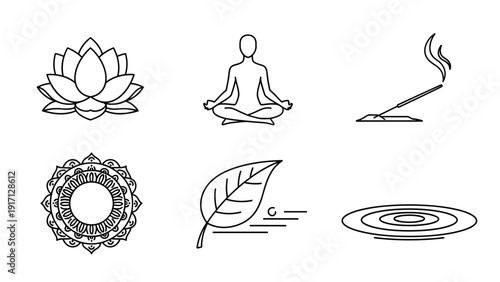 Black line art icons of yoga and meditation symbols