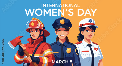 International Women’s Day poster featuring women in public service uniforms celebrating courage, dedication, empowerment, equality, and leadership in community roles