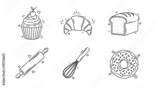 Black and white line drawings of baking icons including cupcake, croissant, bread loaf, rolling pin, whisk, and donut