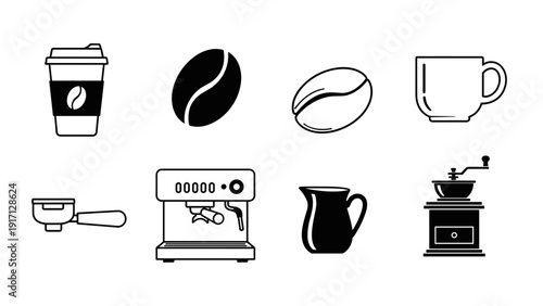Black and white coffee icons set including coffee cup and beans