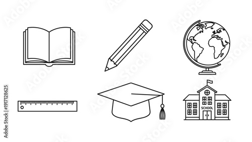 A set of educational icons including book, pencil, globe, ruler, graduation cap, and school building