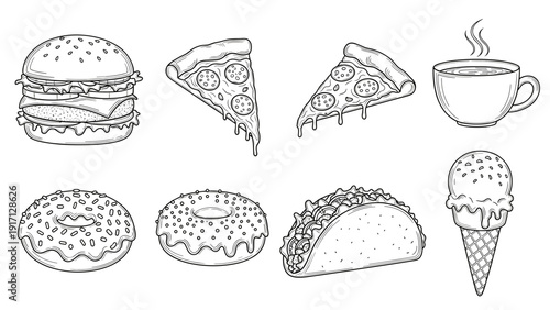 A set of various fast food items and a hot beverage